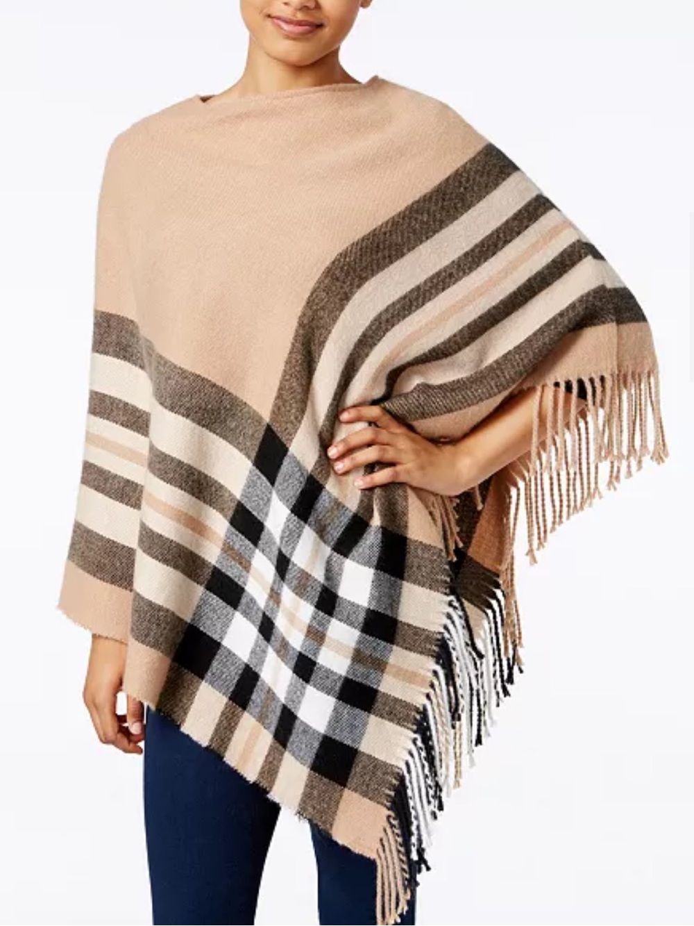 V Fraas Plaid Fringe Poncho Sweater